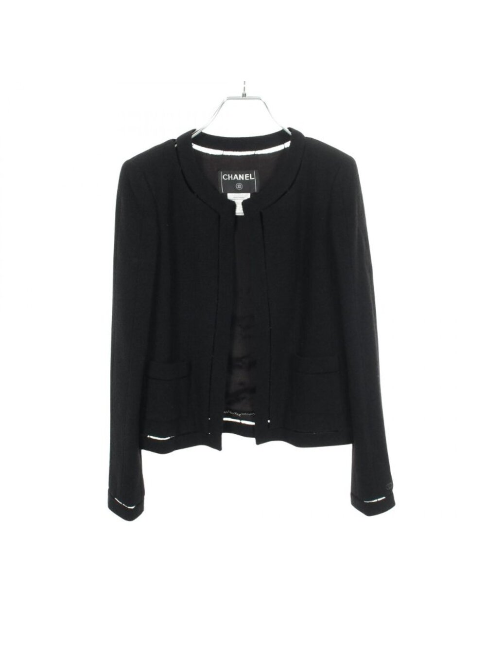 Chanel Collarless Jacket Tweed Black Wool Vintage